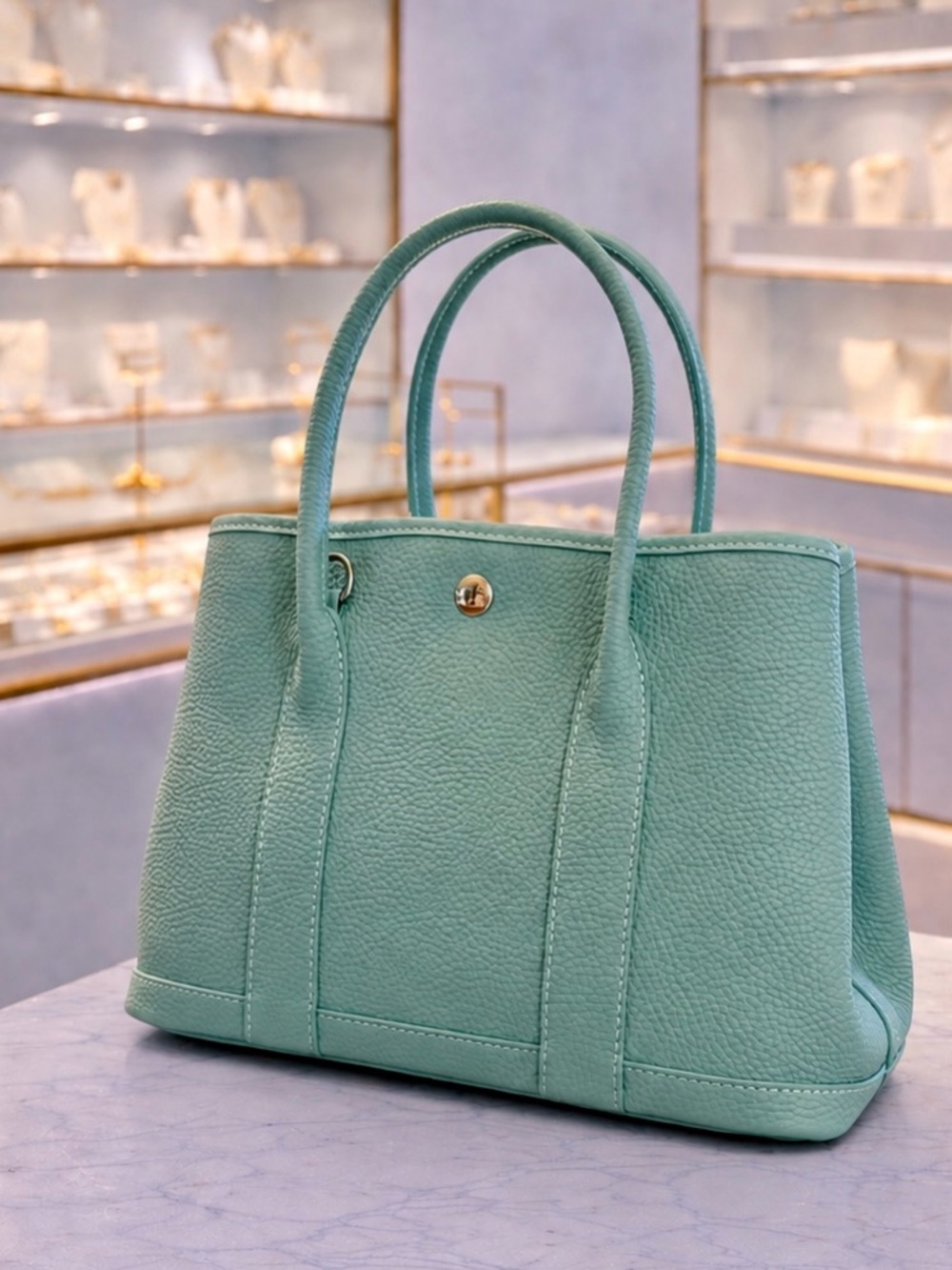 NATURAL LEATHER 30cm Women's Mint Green Leather Tote Bag